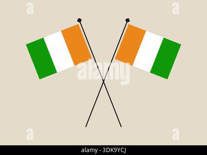 Deux drapeaux nationaux croisés irlandais et de Côte d'Ivoire symbolisant un partenariat international avec un design vectoriel minimaliste. Illustration de Vecteur