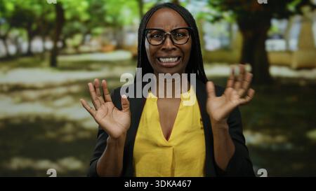 Femme avec des lunettes et des cheveux bouclés fait une expression surprise dans un cadre de parc, portant une chemise jaune et une veste noire, entourée de t vert flou Banque D'Images