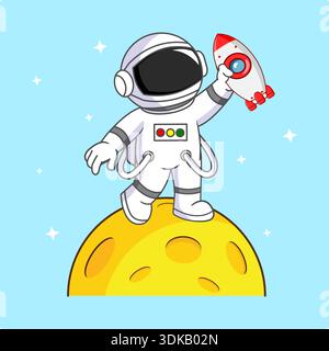 Mignon astronaute jouant un Rocket on the Moon illustration vectorielle dessin animé Illustration de Vecteur