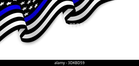 Drapeau américain Thin Blue Line en noir et blanc avec une bande bleue, ondulant sur fond blanc. Thin Blue Line symbole de drapeau américain de l'application de la loi Illustration de Vecteur