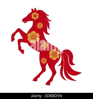 Silhouette de cheval d'élevage rouge du nouvel an chinois décorée de pièces de monnaie chinoises dorées et de fleurs de prunes isolées sur blanc. Animal zodiaque lunaire pour festif Illustration de Vecteur