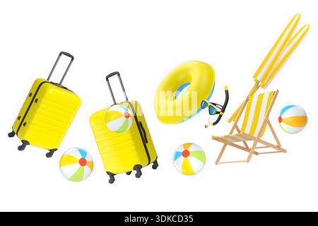 Les articles de vacances d'été, y compris les valises, les ballons de plage, la chaise et les accessoires isolés sur fond blanc, concept de voyage de vacances. Banque D'Images