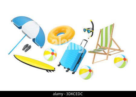 Ensemble de valises, parasol rayé, chaise de plage et balles de plage isolé sur fond blanc. Concept de plaisir de vacances d'été. Banque D'Images
