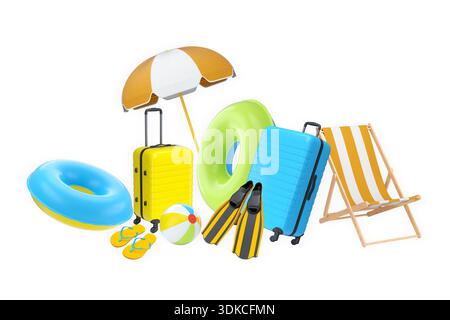 Articles de vacances d'été, y compris les valises, ballons de plage, chaise et accessoires sur fond blanc, concept de voyage de vacances Banque D'Images