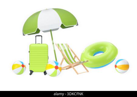 Articles de vacances d'été, y compris les valises, ballons de plage, chaise et accessoires sur fond blanc, concept de voyage de vacances Banque D'Images