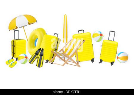 Articles de vacances d'été, y compris les valises, ballons de plage, chaise et accessoires sur fond blanc, concept de voyage de vacances Banque D'Images