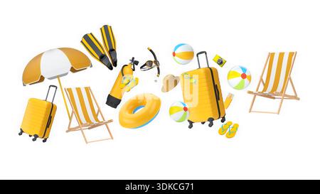Articles de vacances d'été, y compris les valises, ballons de plage, chaise et accessoires sur fond blanc, concept de voyage de vacances Banque D'Images