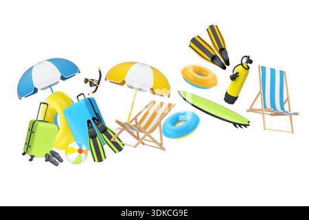 Articles de vacances d'été, y compris les valises, ballons de plage, chaise et accessoires sur fond blanc, concept de voyage de vacances Banque D'Images