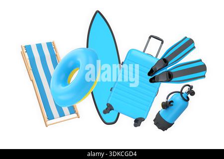 Articles de vacances d'été, y compris les valises, ballons de plage, chaise et accessoires sur fond blanc, concept de voyage de vacances Banque D'Images