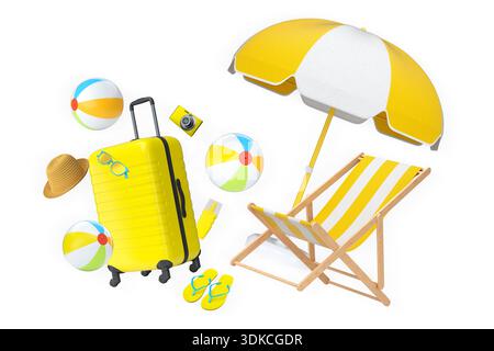 Articles de vacances d'été, y compris les valises, ballons de plage, chaise et accessoires sur fond blanc, concept de voyage de vacances Banque D'Images