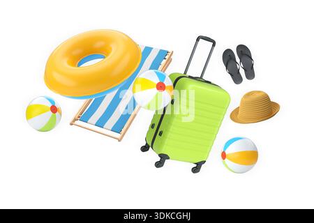 Articles de vacances d'été, y compris les valises, ballons de plage, chaise et accessoires sur fond blanc, concept de voyage de vacances Banque D'Images