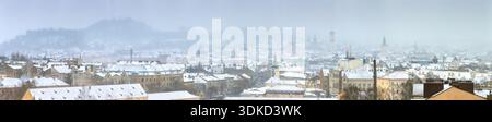 Panorama urbain hivernal de la vieille ville de Lviv avec la tour de l'hôtel de ville et les églises historiques pendant le blizzard lourd, les toits enneigés dans le brouillard et la tempête de neige U. Banque D'Images