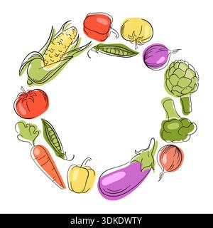 Illustration de couronne de légumes dessinée à la main avec maïs, tomate, carotte, aubergine, artichaut et poivre. Cadre circulaire coloré sur fond blanc pour Illustration de Vecteur