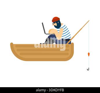 homme avec une barbe assis dans une barque en bois avec une canne à pêche tout en utilisant un ordinateur portable. Concept de travail à distance de n'importe où, mode de vie nomade numérique, a Illustration de Vecteur
