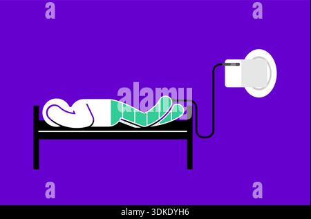 personne allongée dans le lit connectée à un câble d'alimentation, représentant l'énergie de recharge pendant le sommeil. Concept de repos, de récupération, de santé mentale et biologique Illustration de Vecteur