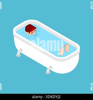 homme avec des lunettes se relaxant dans une baignoire blanche remplie d'eau. Concept d'hygiène personnelle, de soins personnels et de routine quotidienne. Art vectoriel plat moderne sur un Illustration de Vecteur