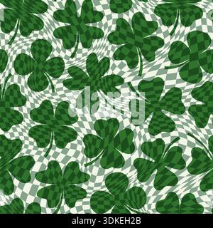 Motif vectoriel sans couture à carreaux déformés et déformés avec des trèfles verts à quatre feuilles pour la conception graphique de la Saint Patrick Illustration de Vecteur