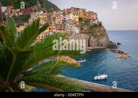 Le village pittoresque de Manarola, l'un des cinq villages des Cinque Terre, est perché sur une falaise surplombant la mer Ligure en Italie. Le colorf Banque D'Images