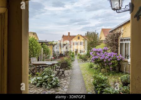 Vieille maison jaune vu à travers une porte. Un chemin mène jusqu'à la maison et un jardin plein de fleurs. Svendborg, 10 juillet, 2019 Banque D'Images
