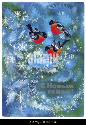 URSS - 1987 : reproduction de cartes postales vintage montrant des taureaux sur des branches d'épinette recouvertes de neige, 1987, texte russe : bonne année ! Banque D'Images