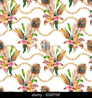 Luxueux motif aquarelle sans couture avec d'élégants lys roses et plumes de paon entrelacés avec des chaînes dorées. Un botanique sophistiqué Banque D'Images