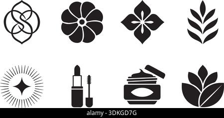Ensemble élégant de logo avec cosmétique, floral et symbole d'étoile. Convient pour les produits de beauté, spa, logo boutique. Illustration vectorielle en noir et blanc isola Illustration de Vecteur