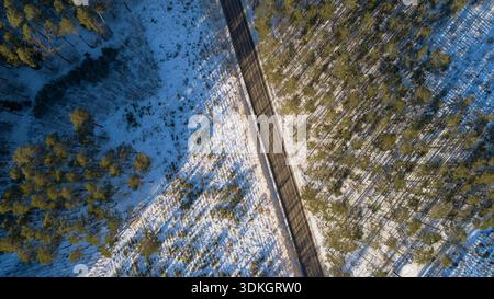 Vue aérienne d'une route droite à deux voies coupe en diagonale une forêt de conifères enneigée en Pologne. De longues ombres d'arbre suggèrent une faible lumière de l'après-midi Banque D'Images