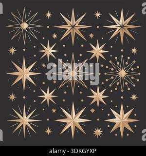 Étoiles dorées scintillantes dans une illustration de motif cosmique, éléments de design céleste festif sur un fond abstrait sombre Illustration de Vecteur