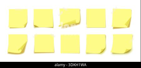 Jeu de notes adhésives jaunes. Feuilles de rappel papier brillant avec ombres réalistes, coins pliés, ruban pour les messages de tâches de bureau, conception de planification. Collection d'autocollants de notes les plus vendues. Illustration vectorielle Illustration de Vecteur