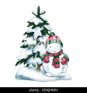 Un bonhomme de neige mignon de Noël à côté d'un arbre de Noël enneigé. Illustration d'aquarelle dessinée à la main. Image colorée isolée. Parfait pour les cartes postales Banque D'Images