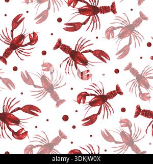 Motif sans couture de homards rouges sur un fond blanc. Idéal pour les conceptions liées aux fruits de mer, l'image de marque de restaurant, la décoration de cuisine, textile ou sur le thème marin Banque D'Images