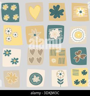 Illustration florale de style fait à la main disposée dans une grille carrée colorée Illustration de Vecteur