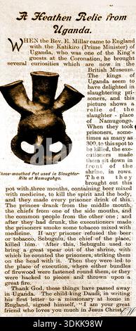 1903- compte rendu de la Société missionnaire d'une relique rapportée d'Ouganda par Katikiro. Premier ministre de l'Ouganda qui a été utilisé dans un rituel lorsque les prisonniers ont été massacrés par le roi à Namugongo. Le navire contenait une substance toxique pour rendre somnolents les buveurs (princes, Rois et prisonniers). avant l'exécution. Banque D'Images