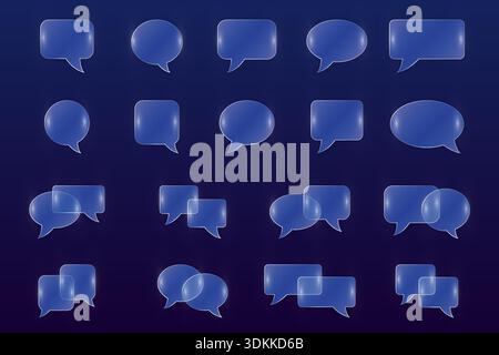 Bulles de parole de Glassmorphism ensemble avec illustration vectorielle transparente bleue de cadres brillants. Illustration de Vecteur