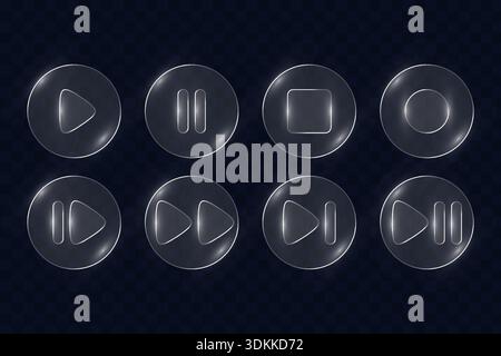 Boutons de lecteur vidéo Glassmorphism ensemble avec illustration vectorielle transparente d'icônes brillantes. Illustration de Vecteur