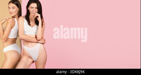 Le modèle pose en Studio présentant la beauté sur fond coloré dans un style de mode minimaliste Banque D'Images