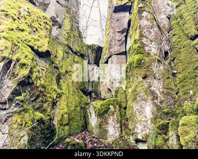 Falaise abrupte dans un ravin rocheux spectaculaire recouvert de mousse verte Banque D'Images