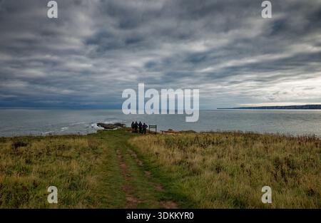 Un groupe d'ornithologues se blottit par une journée nuageuse froide sur Filey Brigg regardant vers la mer avec Flamborough Head au loin, dans le North Yorkshire. Banque D'Images