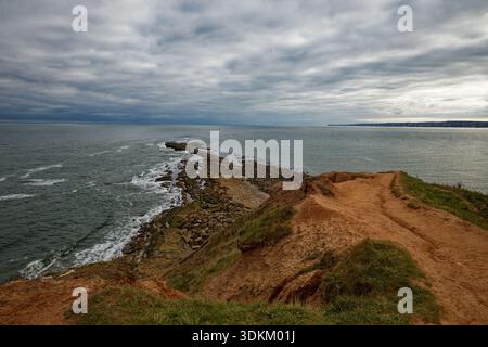 Un sentier érodé abrupt descend vers les rochers de Filey Brigg qui avance dans la mer du Nord par une journée nuageuse, North Yorkshire, Angleterre. Banque D'Images