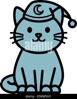 Jolie illustration de chat Kawaii bleu portant un bonnet de nuit Crescent Moon pour Sleep and Dream concepts Illustration de Vecteur