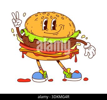 Personnage de burger souriant groovy de dessin animé funky Illustration de Vecteur