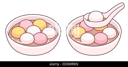 Tangyuan, dessert chinois traditionnel. Boulettes de riz gluantes dans un bol avec du sirop chaud. Illustration clip art vectorielle de dessin animé. Illustration de Vecteur