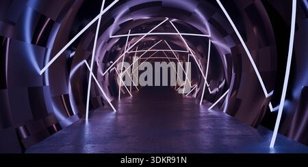 Tunnel futuriste au néon avec lumières géométriques Banque D'Images
