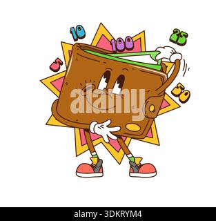 Cartoon groovy portefeuille porte-monnaie hippie personnage funky Illustration de Vecteur