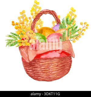 Illustration aquarelle dispose d'un panier tissé rempli d'œufs de Pâques colorés, orné de brindilles de mimosa dorées florissantes. Parfait pour les cartes de vacances Banque D'Images