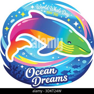 Journée mondiale de la baleine 19 février illustration colorée de baleines avec la typographie Ocean Dreams. Illustration de Vecteur