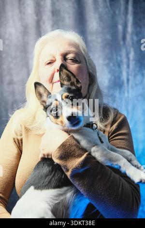 Jack Russell chien avec fourrure blanche, noire et brune dans les bras de son propriétaire. Les deux sont photographiés sur un fond sombre Banque D'Images