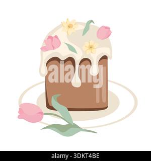 Illustration d'un gâteau décoratif avec des gouttes de glaçage et des décorations florales assorties sur le dessus, avec des fleurs roses et jaunes et des feuilles vertes, ensemble Illustration de Vecteur