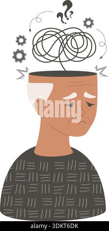 Santé mentale masculine senior. Triste homme âgé noir ethnique avec des pensées et des questions enchevêtrées. Concept pour le vieillissement maladie d'Alzheimer et démence Awarenes Illustration de Vecteur