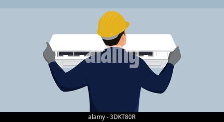 Technicien HVAC réparant une unité intérieure de climatisation divisée, il ouvre le panneau : réparation et entretien de climatisation Illustration de Vecteur